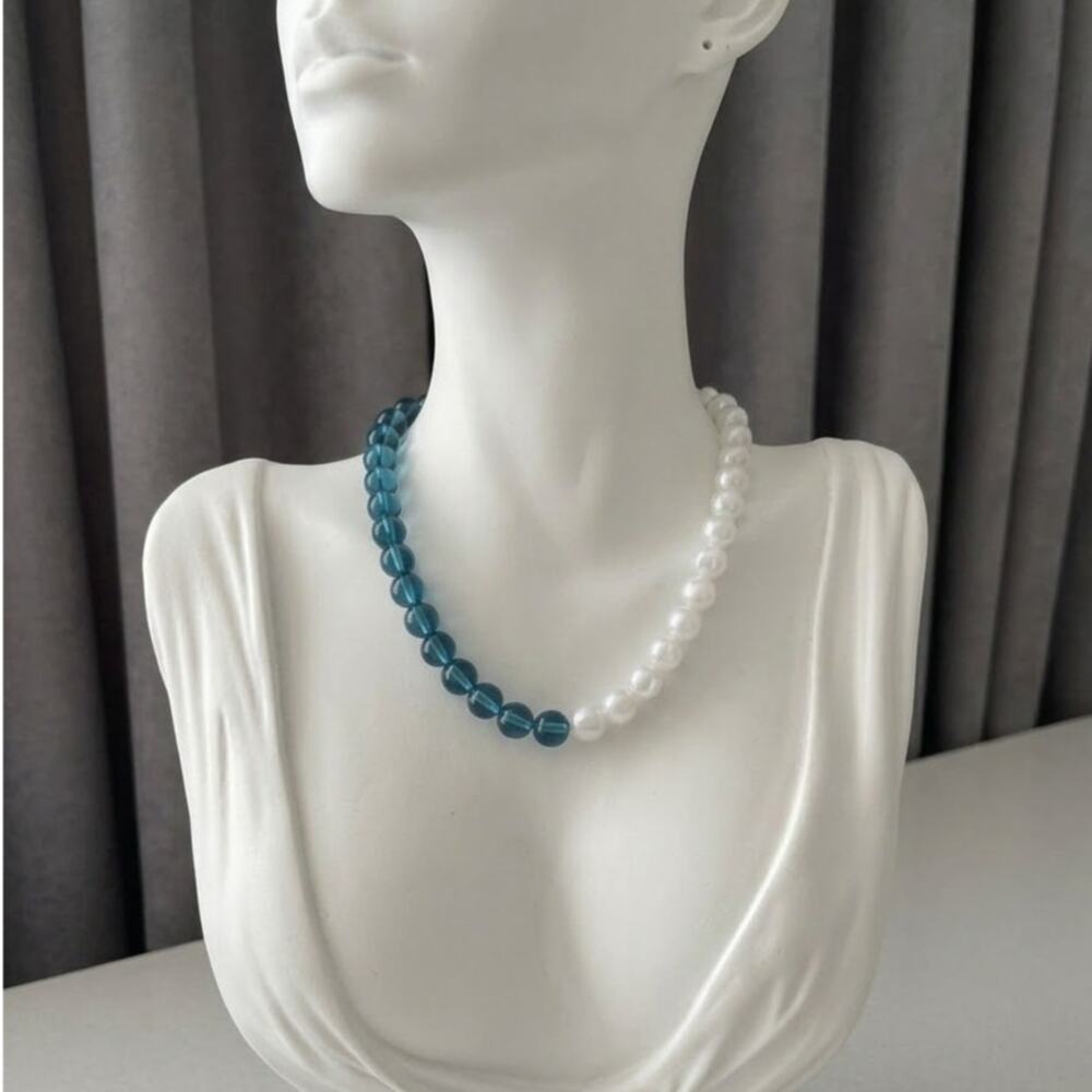 Vintage Monet Teal Blue White Beaded Necklace 18” 8mm